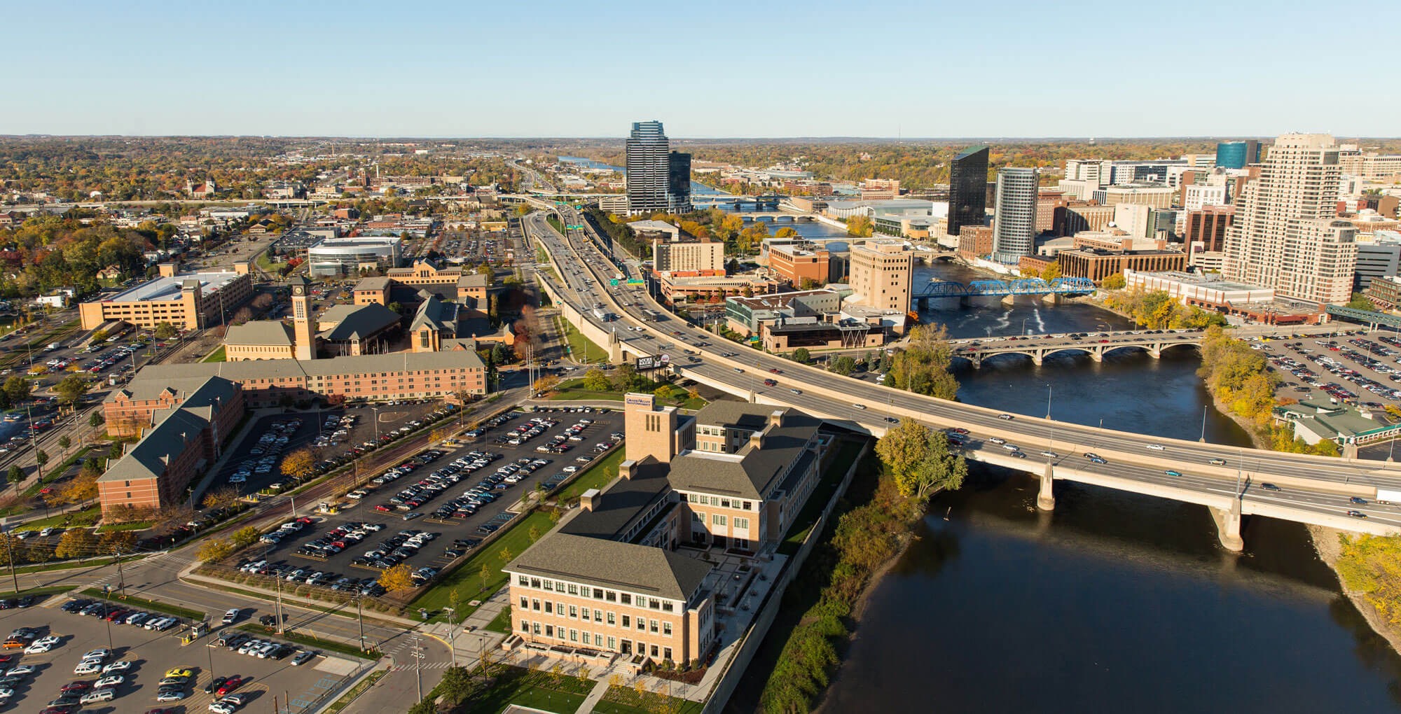 Aerial view of GVSU Pew Campus, Grand Rapids, MI near the Grand River